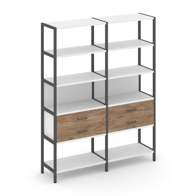 Shelf System Двухсекционный стеллаж пятиярусный с ящиками SN.STM-522 Белый/Дуб Табак/Металл Антрацит