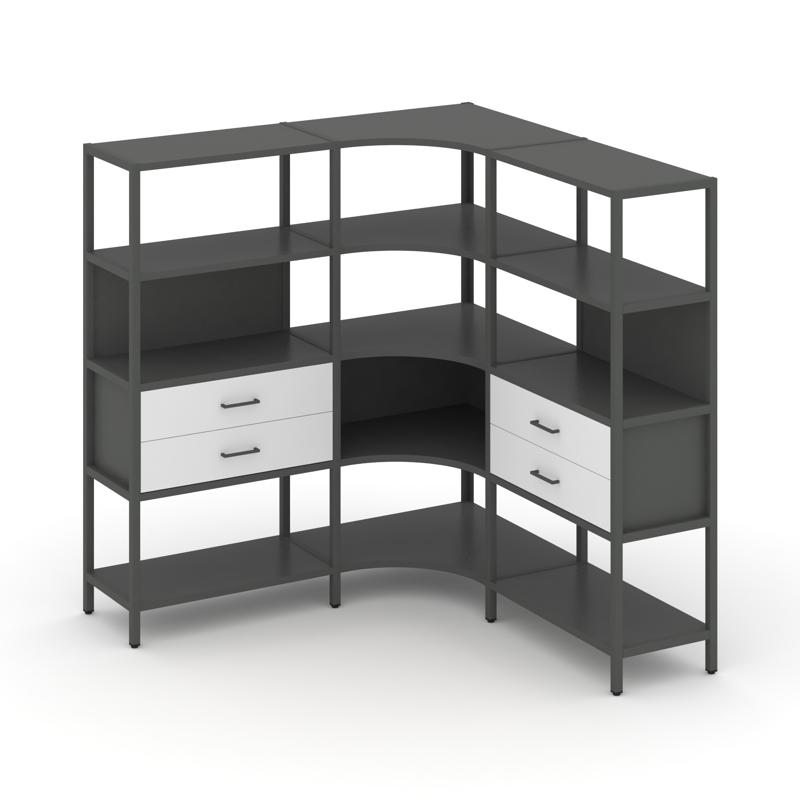 Shelf System Трехсекционный угловой стеллаж четырехярусный с ящиками SN.STMU-431 Антрацит/Белый/Мета