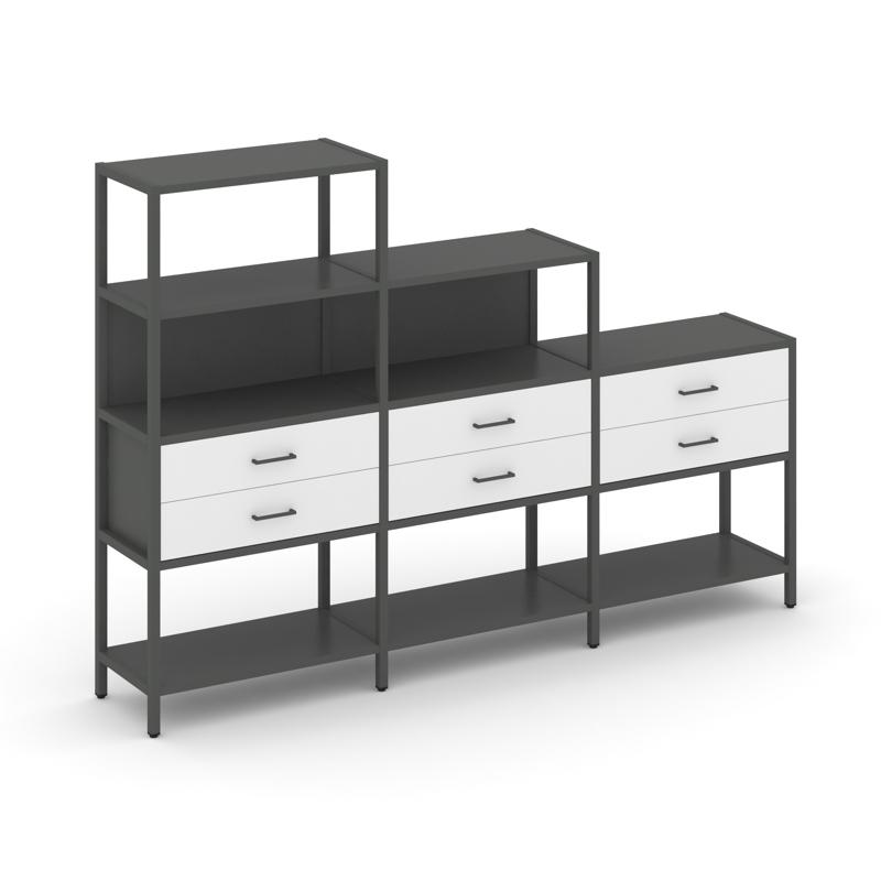 Shelf System Трехсекционный стеллаж четырех/трех/двухярусный с ящиками SN.STM-431 Антрацит/Белый/Мет