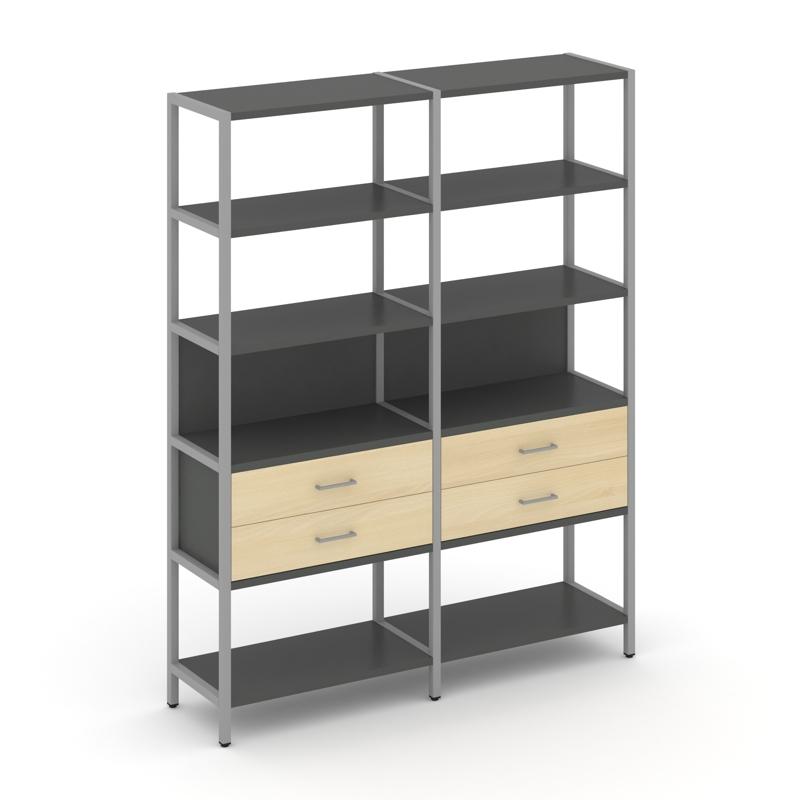 Shelf System Двухсекционный стеллаж пятиярусный с ящиками SN.STM-522 Антрацит/Акация Лорка/Металл Се