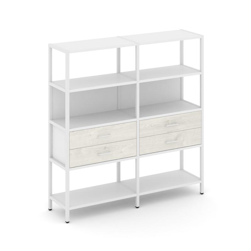 Shelf System Двухсекционный стеллаж четырехярусный с ящиками SN.STM-422 Белый/Дуб Наварра/Металл Бел