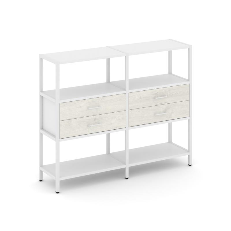 Shelf System Двухсекционный стеллаж трехярусный с ящиками SN.STM-322 Белый/Дуб Наварра/Металл Белый