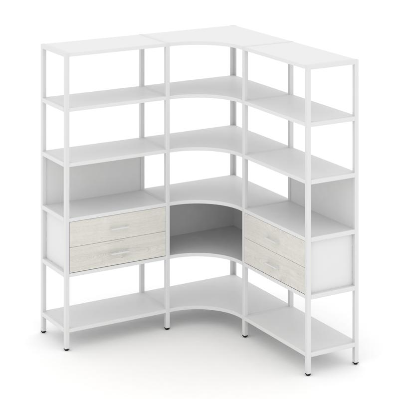Shelf System Трехсекционный угловой стеллаж пятиярусный с ящиками SN.STMU-531 Белый/Дуб Наварра/Мета