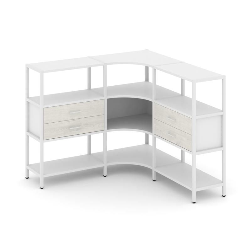 Shelf System Трехсекционный угловой стеллаж трехярусный с ящиками SN.STMU-331 Белый/Дуб Наварра/Мета