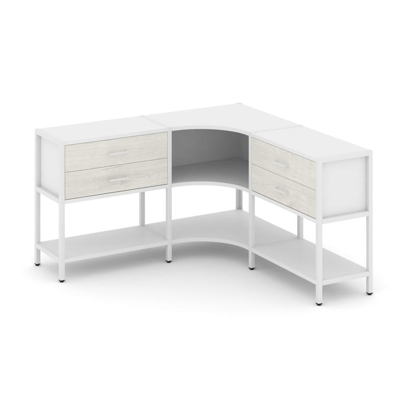 Shelf System Трехсекционный угловой стеллаж двухярусный с ящиками SN.STMU-231 Белый/Дуб Наварра/Мета