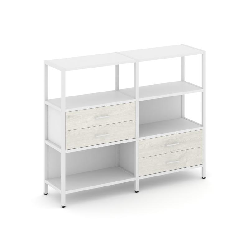 Shelf System Двухсекционный стеллаж трехярусный с ящиками SN.STM-323 Белый/Дуб Наварра/Металл Белый