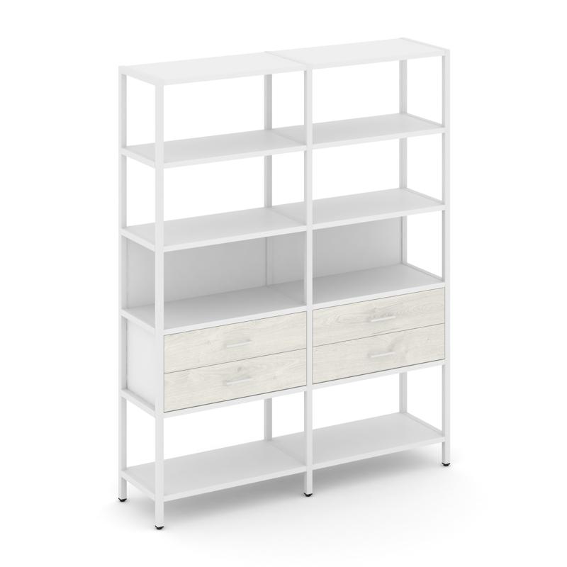 Shelf System Двухсекционный стеллаж пятиярусный с ящиками SN.STM-522 Белый/Дуб Наварра/Металл Белый