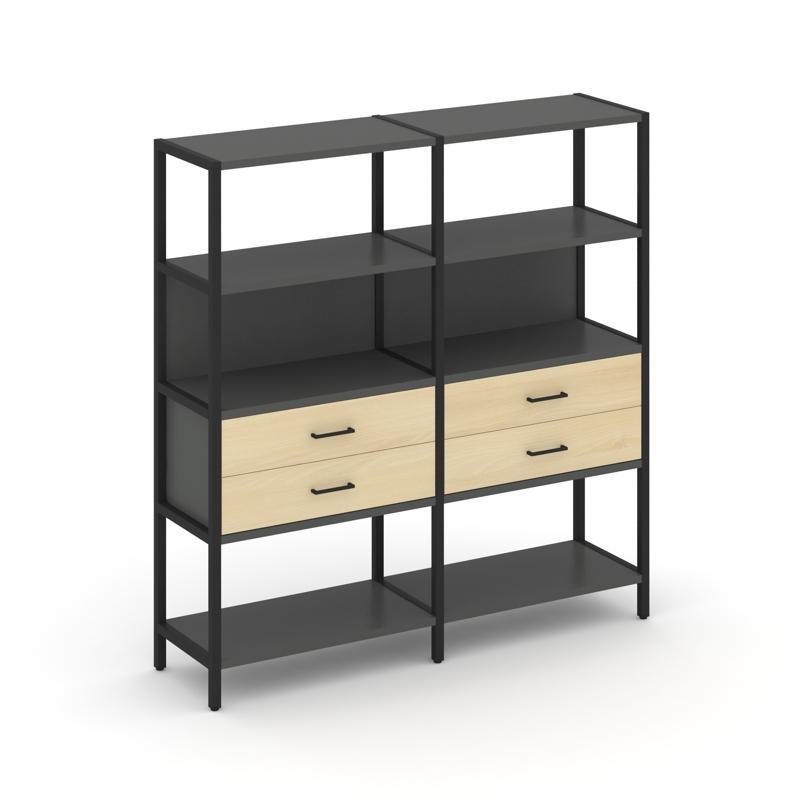 Shelf System Двухсекционный стеллаж четырехярусный с ящиками SN.STM-422 Антрацит/Акация Лорка/Металл