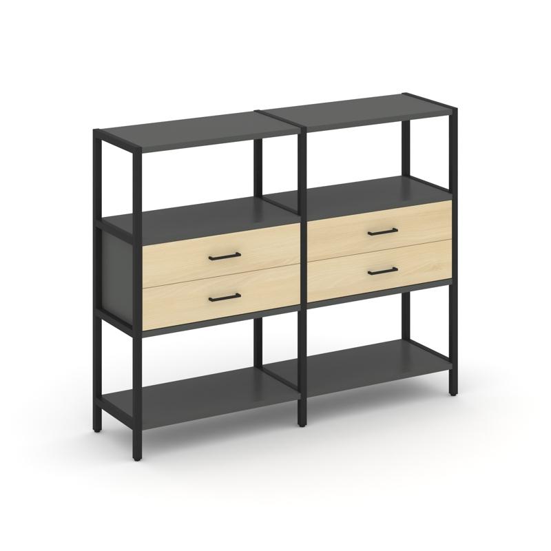 Shelf System Двухсекционный стеллаж трехярусный с ящиками SN.STM-322 Антрацит/Акация Лорка/Металл Че