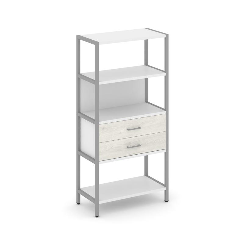 Shelf System Односекционный стеллаж четырехярусный с ящиками SN.STM-412 Белый/Дуб Наварра/Металл Сер