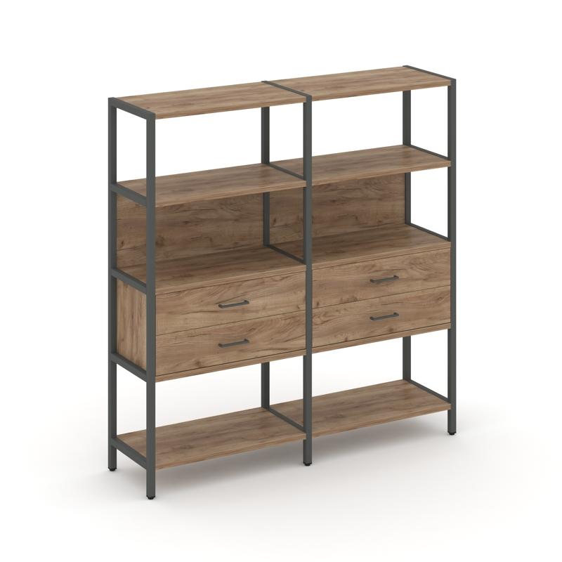 Shelf System Двухсекционный стеллаж четырехярусный с ящиками SN.STM-422 Дуб Табак/Металл Антрацит 15