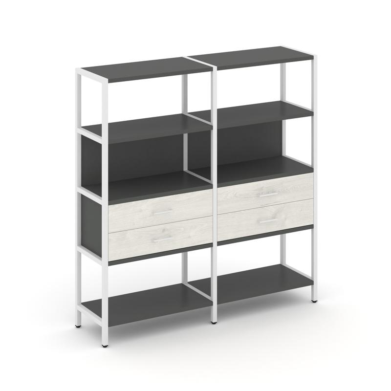 Shelf System Двухсекционный стеллаж четырехярусный с ящиками SN.STM-422 Антрацит/Дуб Наварра/Металл