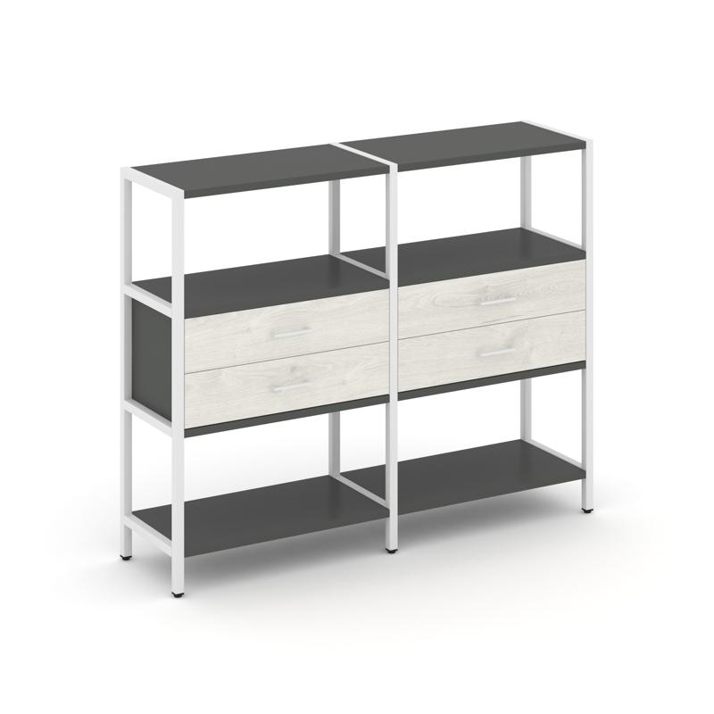 Shelf System Двухсекционный стеллаж трехярусный с ящиками SN.STM-322 Антрацит/Дуб Наварра/Металл Бел