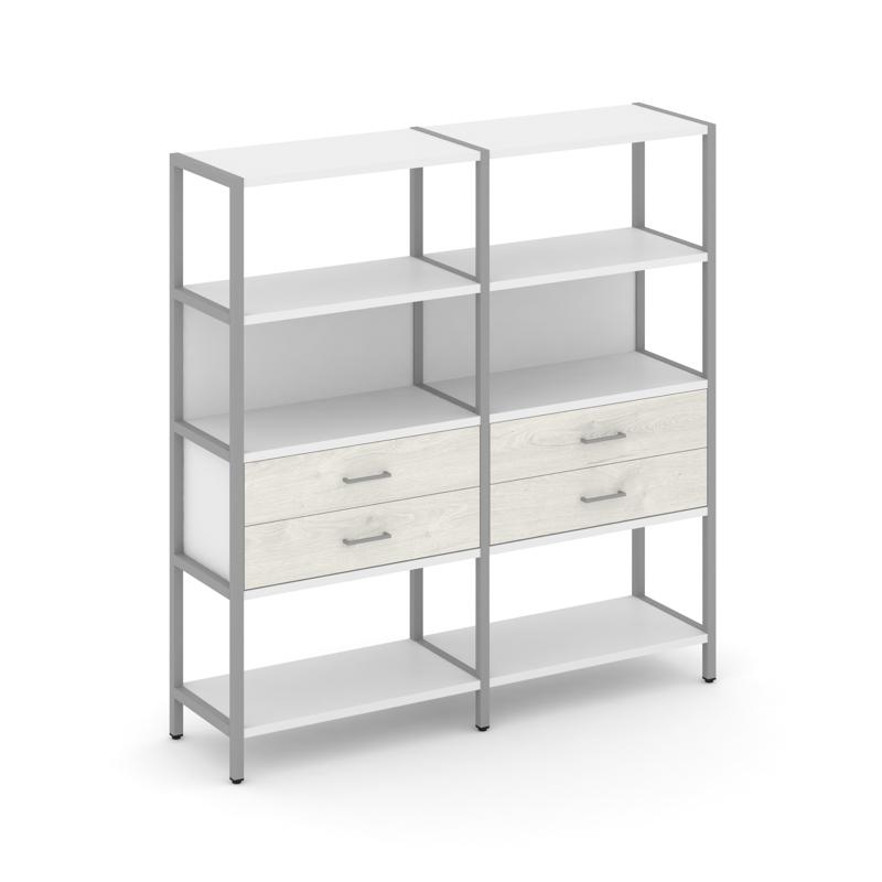 Shelf System Двухсекционный стеллаж четырехярусный с ящиками SN.STM-422 Белый/Дуб Наварра/Металл Сер