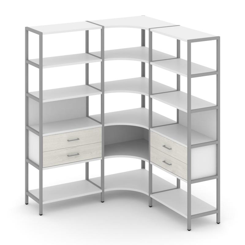 Shelf System Трехсекционный угловой стеллаж пятиярусный с ящиками SN.STMU-531 Белый/Дуб Наварра/Мета