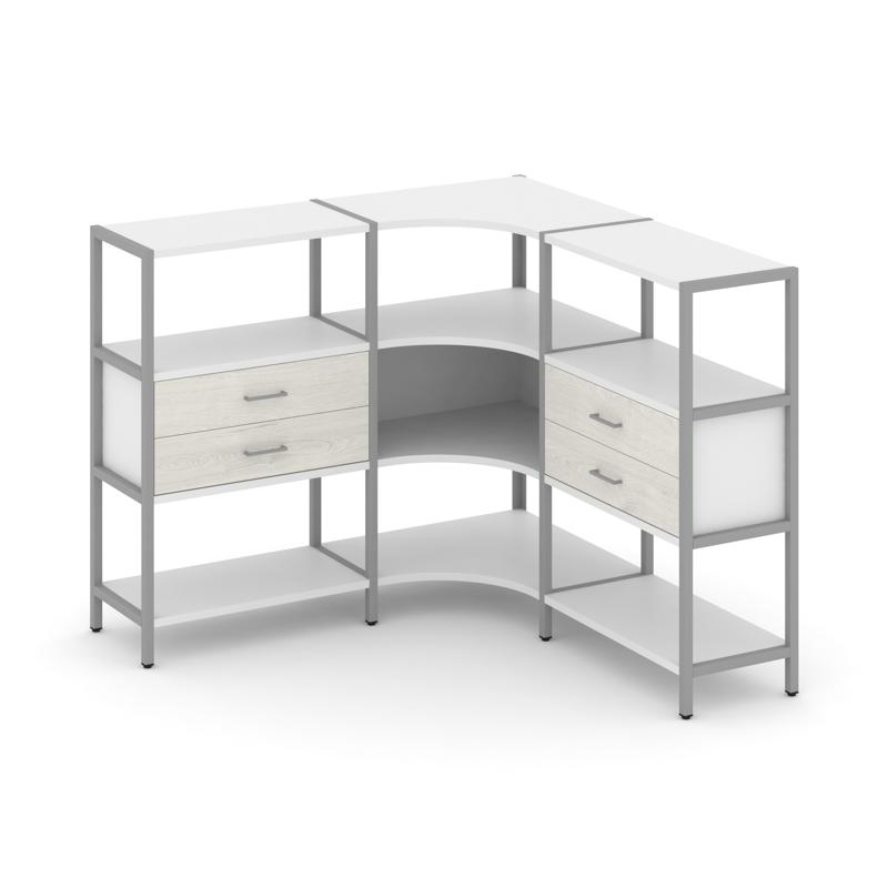 Shelf System Трехсекционный угловой стеллаж трехярусный с ящиками SN.STMU-331 Белый/Дуб Наварра/Мета