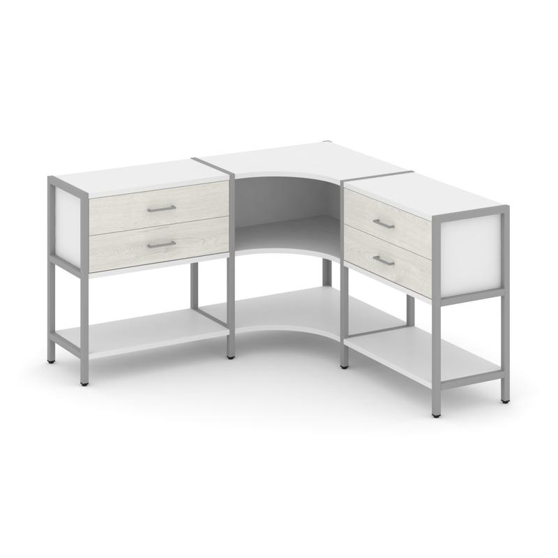 Shelf System Трехсекционный угловой стеллаж двухярусный с ящиками SN.STMU-231 Белый/Дуб Наварра/Мета