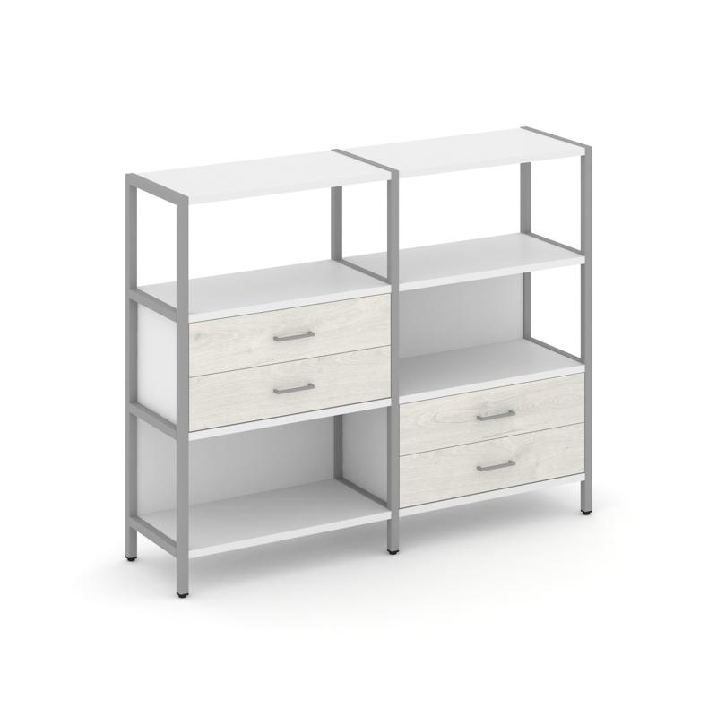 Shelf System Двухсекционный стеллаж трехярусный с ящиками SN.STM-323 Белый/Дуб Наварра/Металл Серый