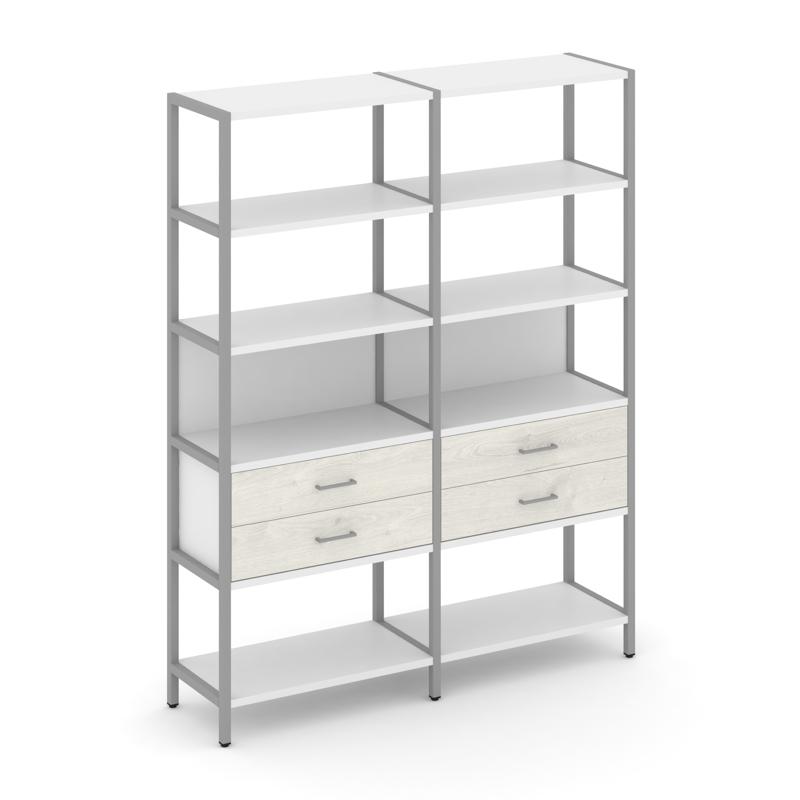 Shelf System Двухсекционный стеллаж пятиярусный с ящиками SN.STM-522 Белый/Дуб Наварра/Металл Серый