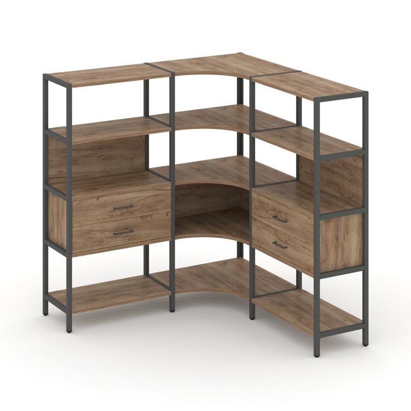 Shelf System Трехсекционный угловой стеллаж четырехярусный с ящиками SN.STMU-431 Дуб Табак/Металл Ан