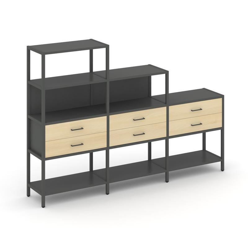Shelf System Трехсекционный стеллаж четырех/трех/двухярусный с ящиками SN.STM-431 Антрацит/Акация Ло