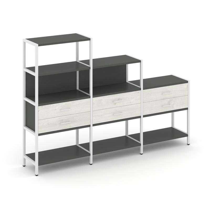 Shelf System Трехсекционный стеллаж четырех/трех/двухярусный с ящиками SN.STM-431 Антрацит/Дуб Навар