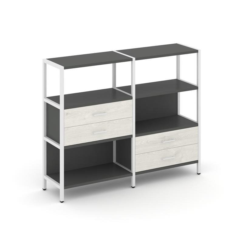 Shelf System Двухсекционный стеллаж трехярусный с ящиками SN.STM-323 Антрацит/Дуб Наварра/Металл Бел