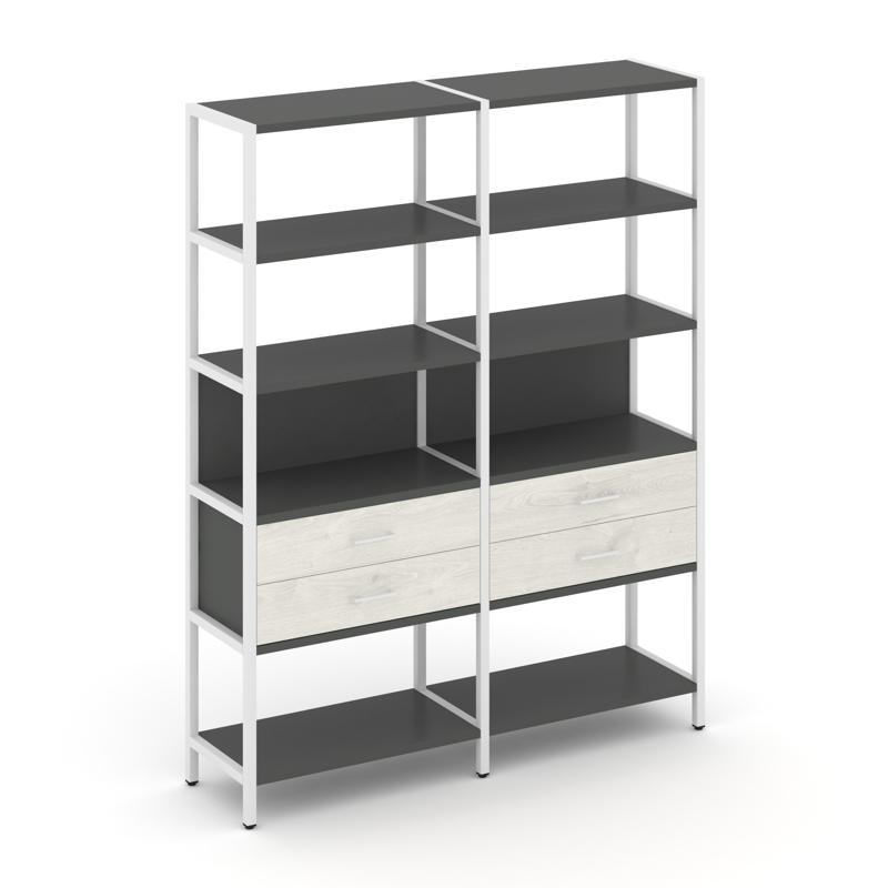 Shelf System Двухсекционный стеллаж пятиярусный с ящиками SN.STM-522 Антрацит/Дуб Наварра/Металл Бел