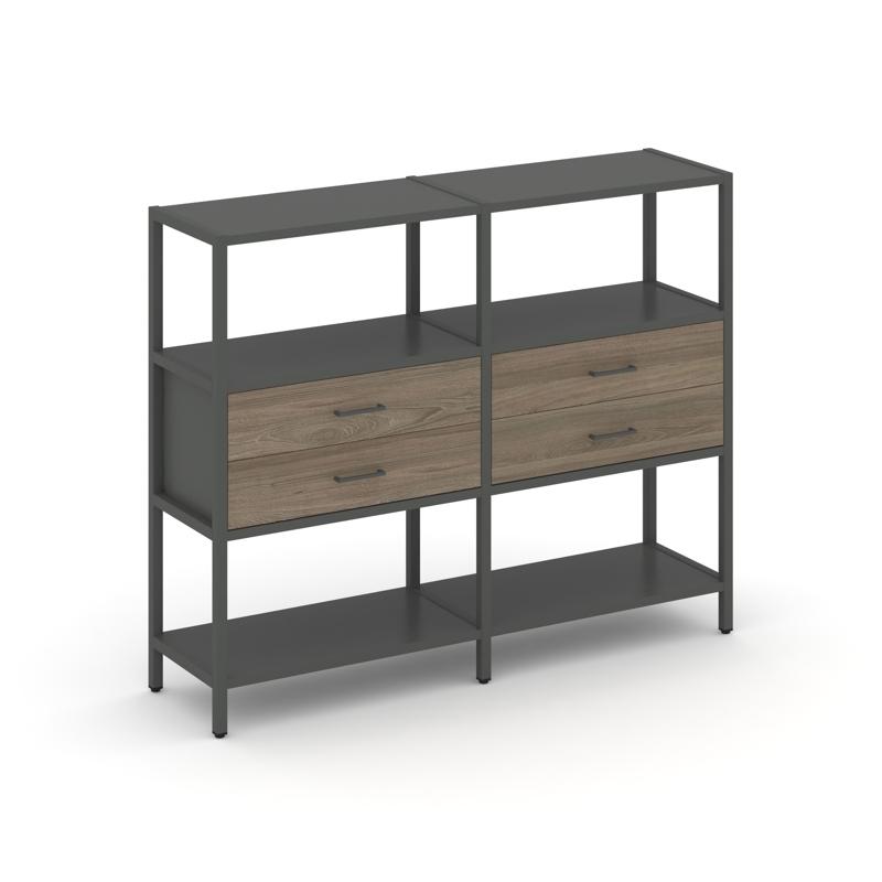 Shelf System Двухсекционный стеллаж трехярусный с ящиками SN.STM-322 Антрацит/Вяз Благородный/Металл