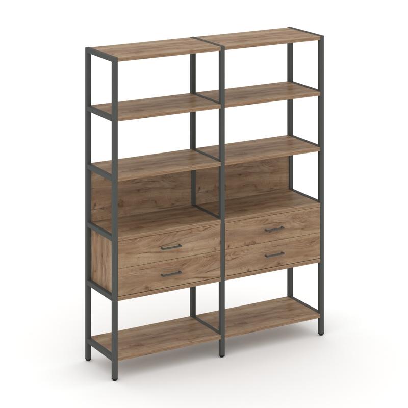 Shelf System Двухсекционный стеллаж пятиярусный с ящиками SN.STM-522 Дуб Табак/Металл Антрацит 1590*