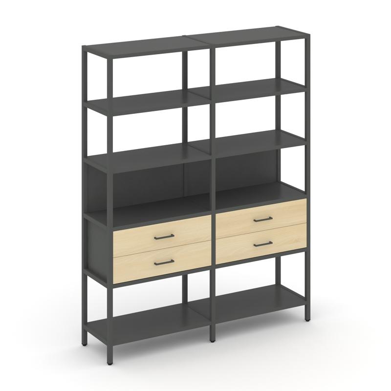 Shelf System Двухсекционный стеллаж пятиярусный с ящиками SN.STM-522 Антрацит/Акация Лорка/Металл Ан
