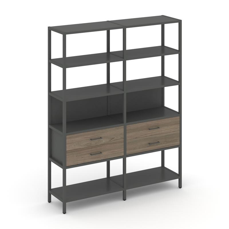 Shelf System Двухсекционный стеллаж пятиярусный с ящиками SN.STM-522 Антрацит/Вяз Благородный/Металл