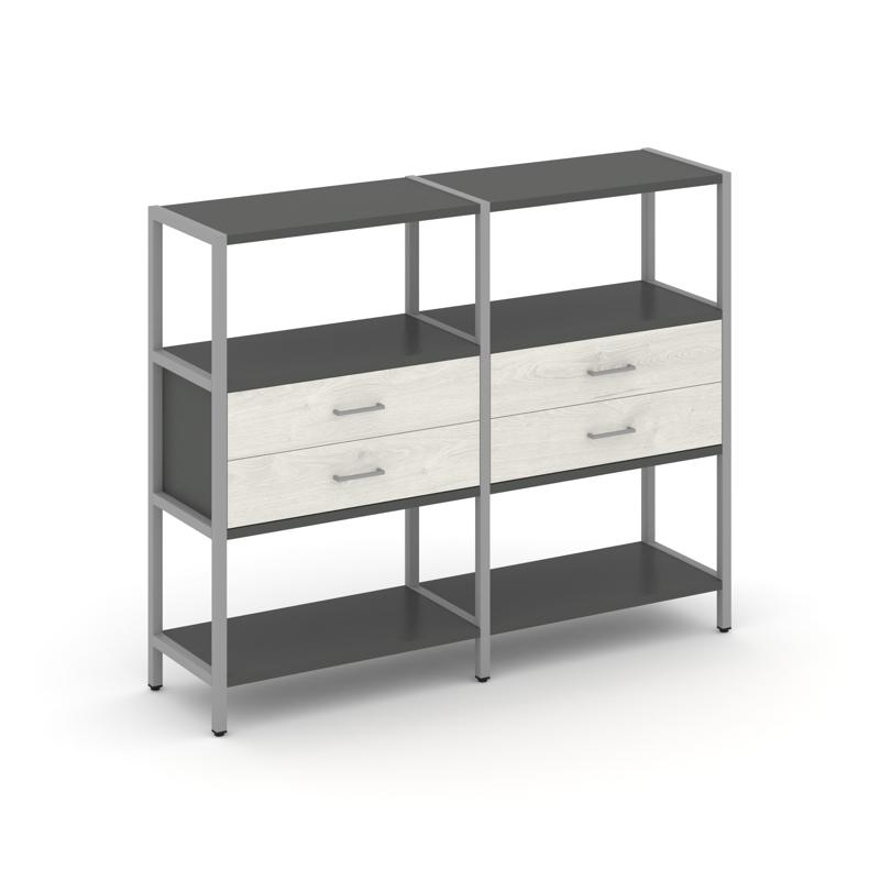 Shelf System Двухсекционный стеллаж трехярусный с ящиками SN.STM-322 Антрацит/Дуб Наварра/Металл Сер