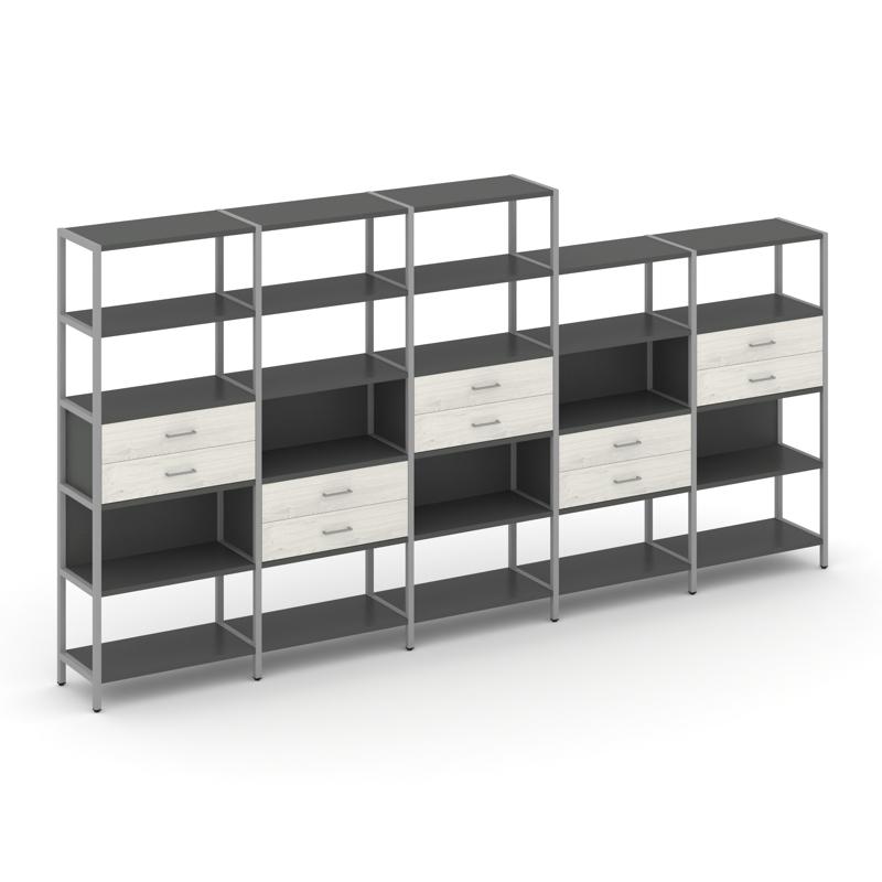 Shelf System Пятисекционный стеллаж пятиярусный с ящиками SN.STM-551 Антрацит/Дуб Наварра/Металл Сер