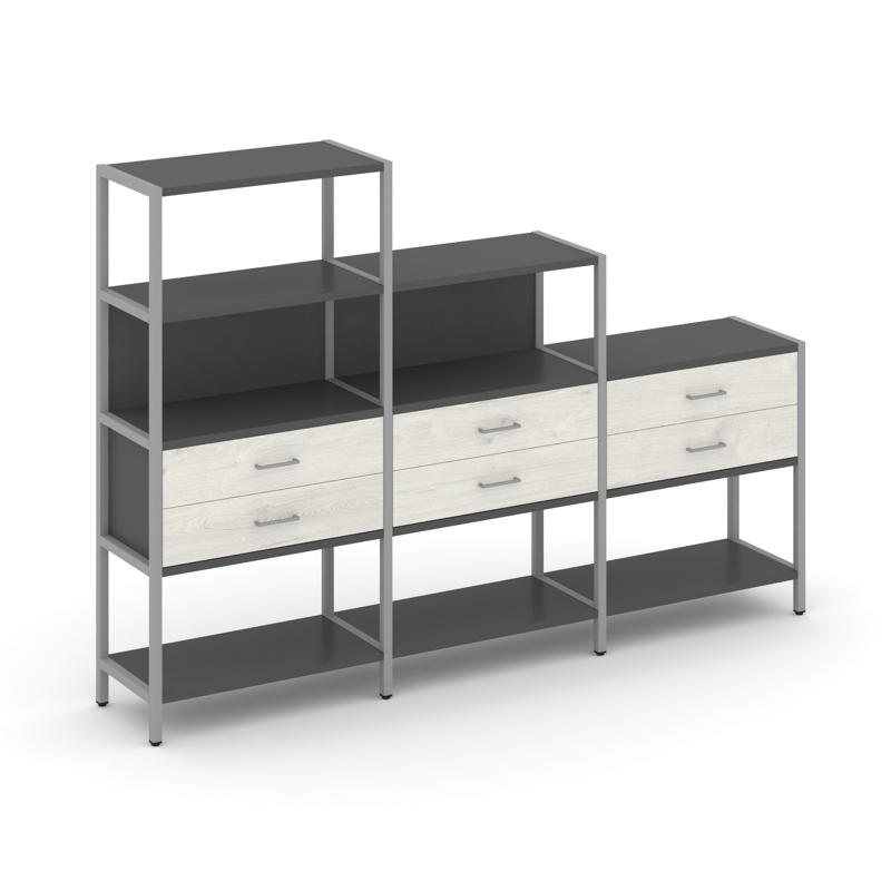 Shelf System Трехсекционный стеллаж четырех/трех/двухярусный с ящиками SN.STM-431 Антрацит/Дуб Навар