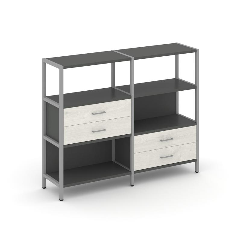 Shelf System Двухсекционный стеллаж трехярусный с ящиками SN.STM-323 Антрацит/Дуб Наварра/Металл Сер