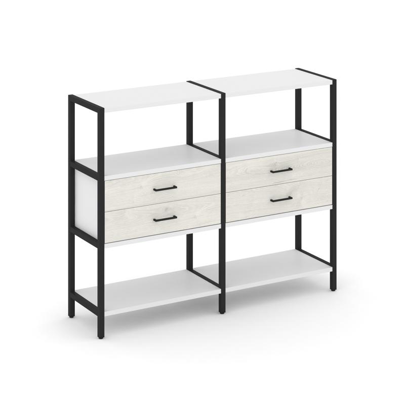 Shelf System Двухсекционный стеллаж трехярусный с ящиками SN.STM-322 Белый/Дуб Наварра/Металл Черный