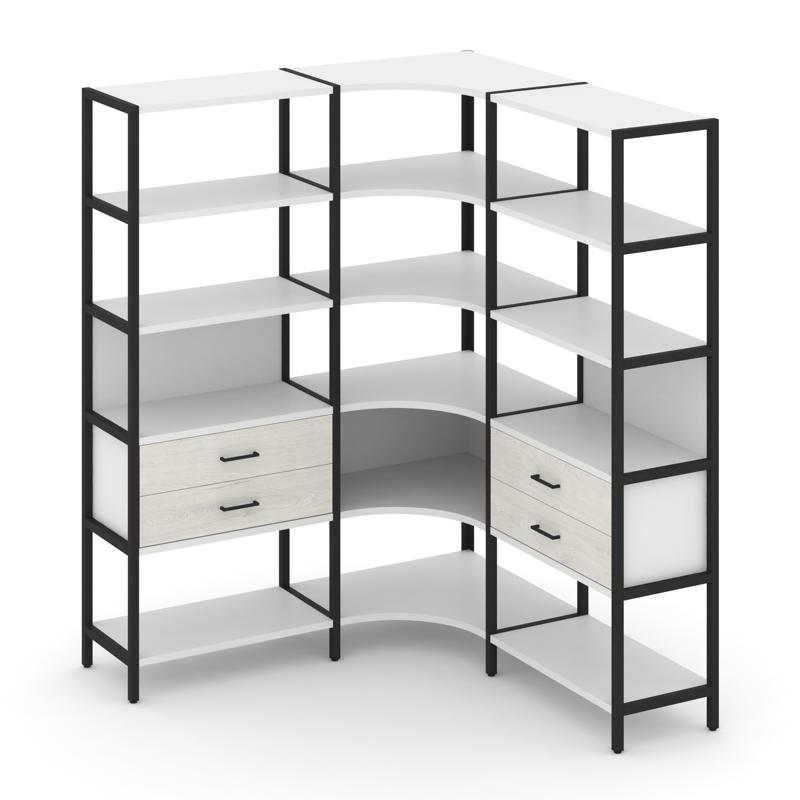 Shelf System Трехсекционный угловой стеллаж пятиярусный с ящиками SN.STMU-531 Белый/Дуб Наварра/Мета