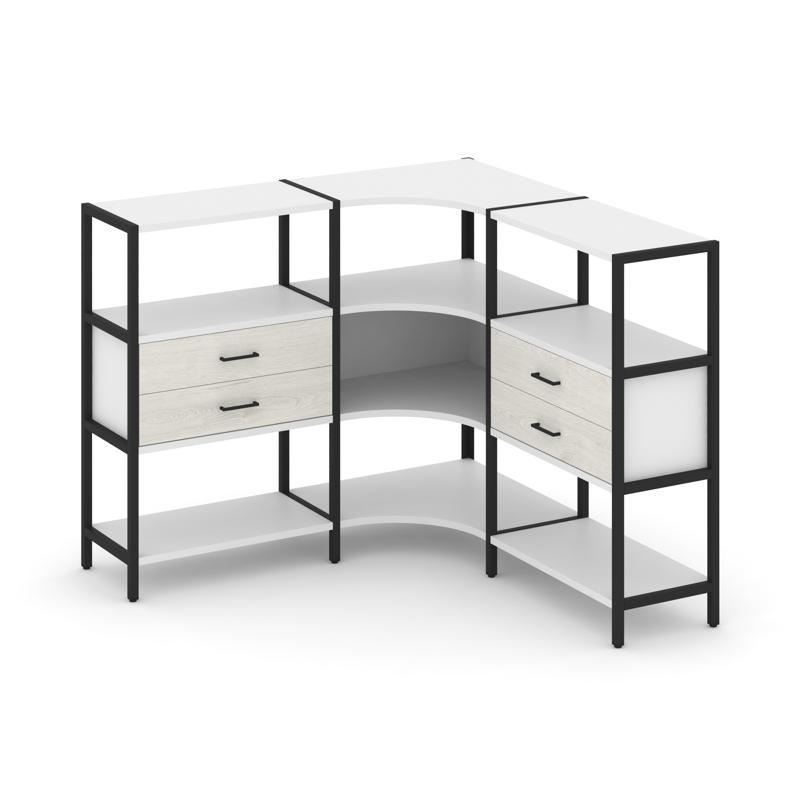 Shelf System Трехсекционный угловой стеллаж трехярусный с ящиками SN.STMU-331 Белый/Дуб Наварра/Мета