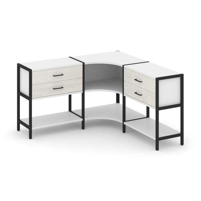 Shelf System Трехсекционный угловой стеллаж двухярусный с ящиками SN.STMU-231 Белый/Дуб Наварра/Мета