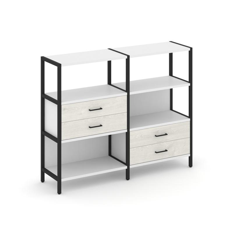 Shelf System Двухсекционный стеллаж трехярусный с ящиками SN.STM-323 Белый/Дуб Наварра/Металл Черный