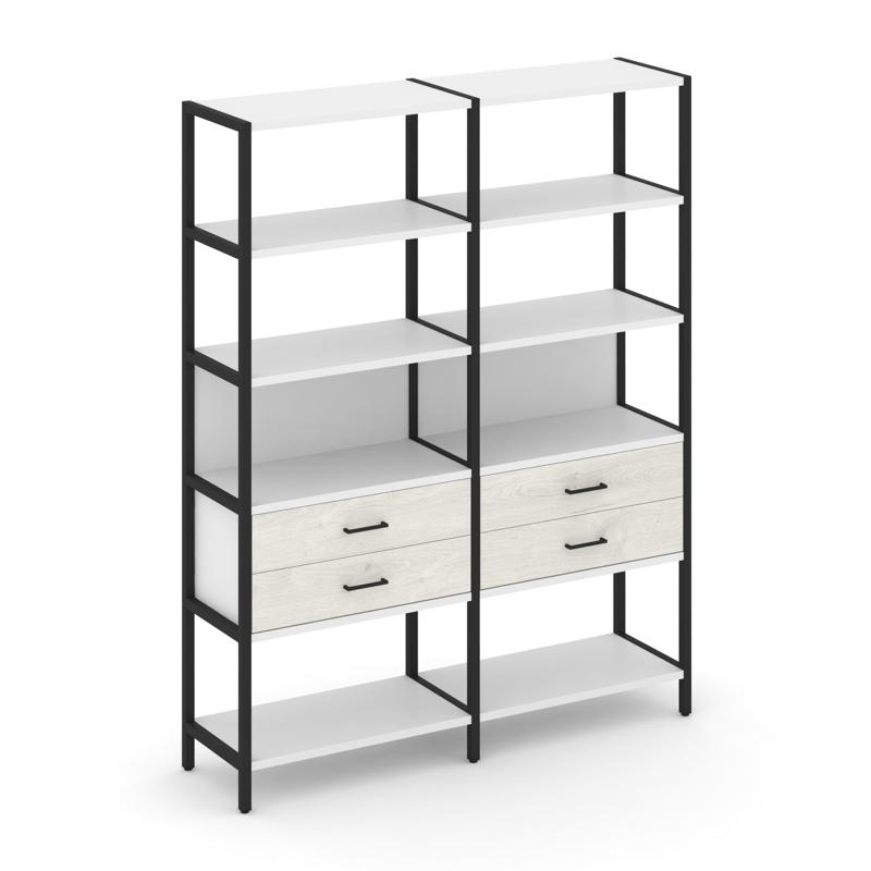 Shelf System Двухсекционный стеллаж пятиярусный с ящиками SN.STM-522 Белый/Дуб Наварра/Металл Черный