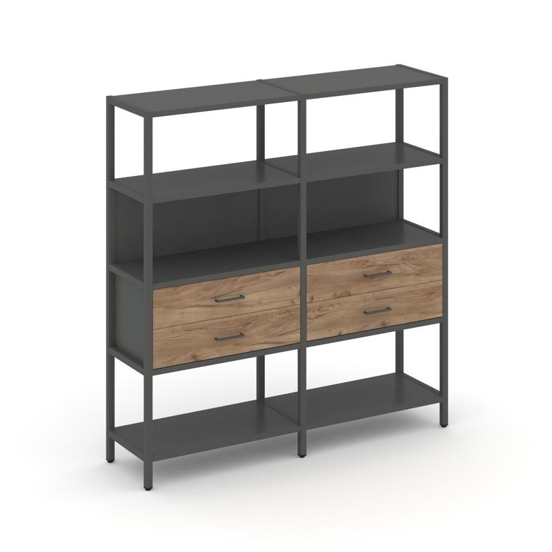 Shelf System Двухсекционный стеллаж четырехярусный с ящиками SN.STM-422 Антрацит/Дуб Табак/Металл Ан