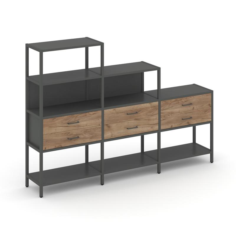 Shelf System Трехсекционный стеллаж четырех/трех/двухярусный с ящиками SN.STM-431 Антрацит/Дуб Табак