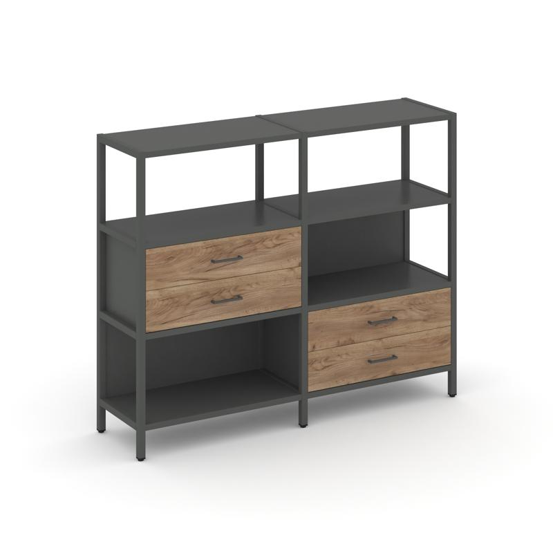 Shelf System Двухсекционный стеллаж трехярусный с ящиками SN.STM-323 Антрацит/Дуб Табак/Металл Антра