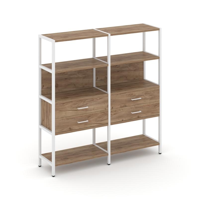 Shelf System Двухсекционный стеллаж четырехярусный с ящиками SN.STM-422 Дуб Табак/Металл Белый 1590*