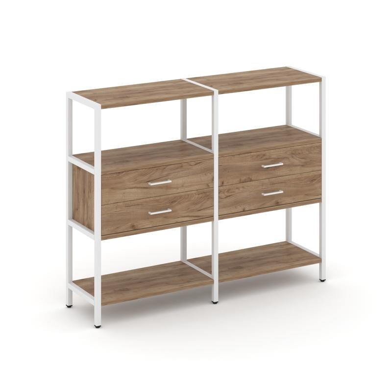 Shelf System Двухсекционный стеллаж трехярусный с ящиками SN.STM-322 Дуб Табак/Металл Белый 1590*400