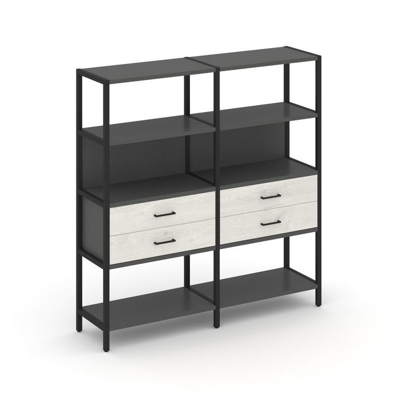 Shelf System Двухсекционный стеллаж четырехярусный с ящиками SN.STM-422 Антрацит/Дуб Наварра/Металл