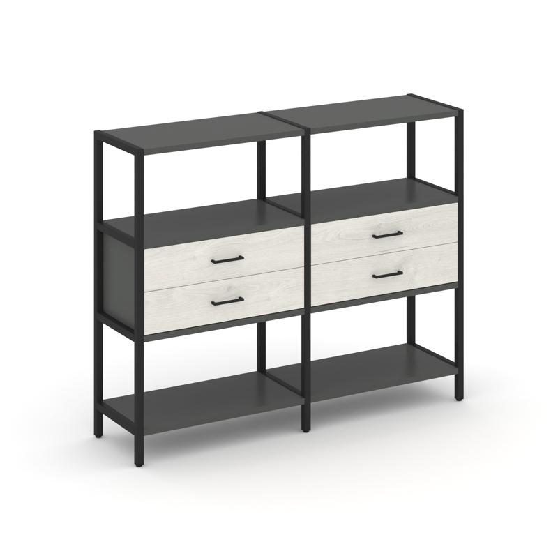 Shelf System Двухсекционный стеллаж трехярусный с ящиками SN.STM-322 Антрацит/Дуб Наварра/Металл Чер