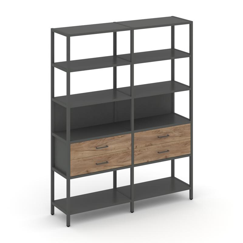 Shelf System Двухсекционный стеллаж пятиярусный с ящиками SN.STM-522 Антрацит/Дуб Табак/Металл Антра